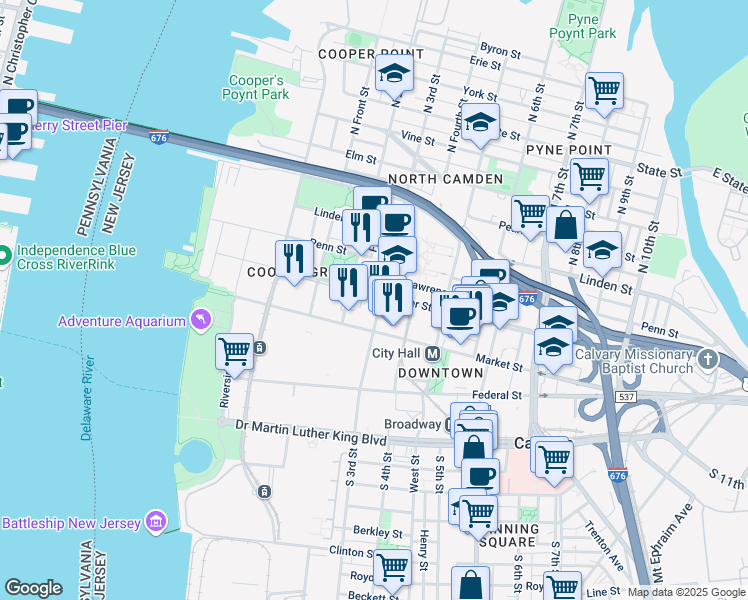 map of restaurants, bars, coffee shops, grocery stores, and more near 78 Fourth Street in Camden