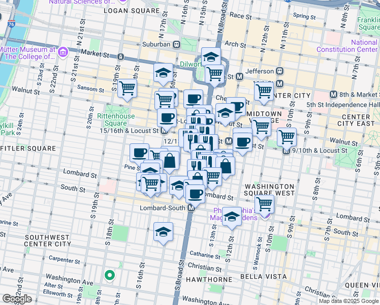 map of restaurants, bars, coffee shops, grocery stores, and more near 1417 Spruce Street in Philadelphia