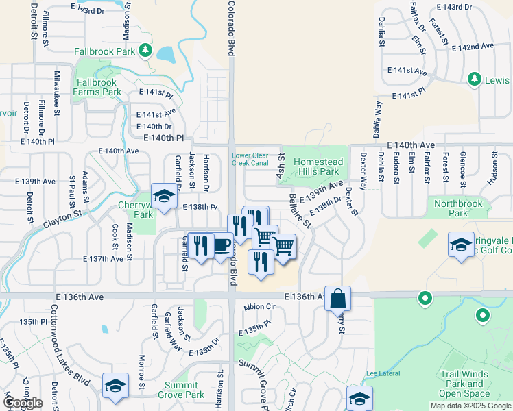 map of restaurants, bars, coffee shops, grocery stores, and more near 13800 Ash Circle in Thornton