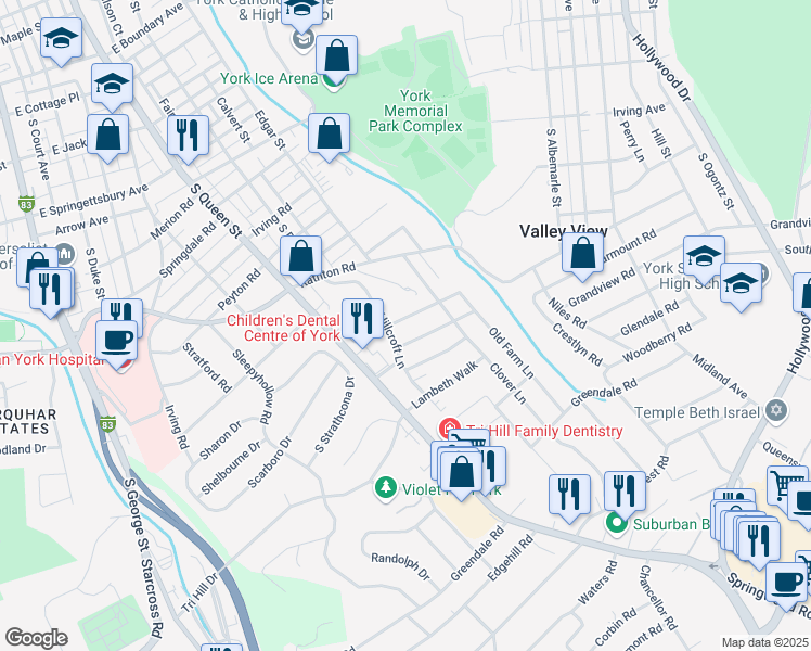 map of restaurants, bars, coffee shops, grocery stores, and more near 328 Old Garden Lane in York