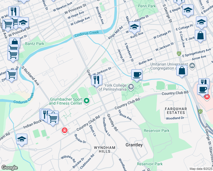 map of restaurants, bars, coffee shops, grocery stores, and more near 510 West Springettsbury Avenue in York