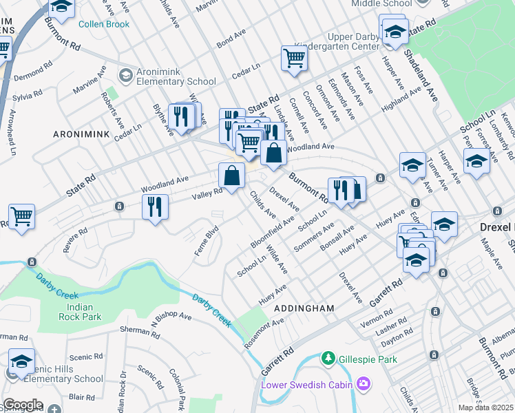 map of restaurants, bars, coffee shops, grocery stores, and more near 7 Wilde Avenue in Drexel Hill