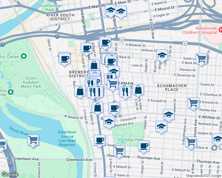 map of restaurants, bars, coffee shops, grocery stores, and more near 777 South 3rd Street in Columbus