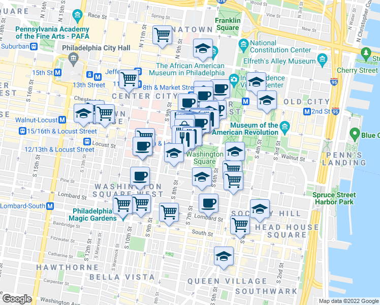 map of restaurants, bars, coffee shops, grocery stores, and more near 210 West Washington Square in Philadelphia