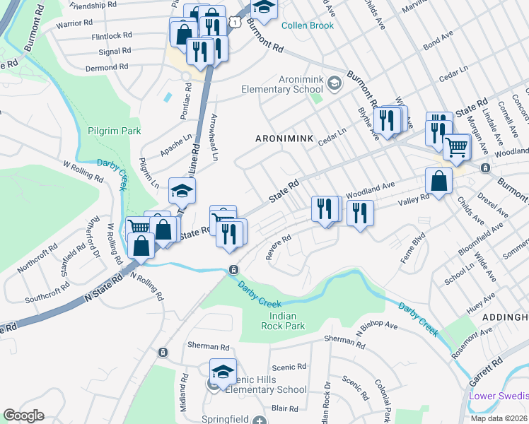 map of restaurants, bars, coffee shops, grocery stores, and more near 4936 Woodland Avenue in Drexel Hill