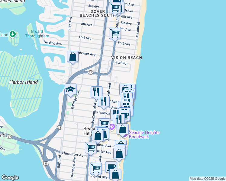 map of restaurants, bars, coffee shops, grocery stores, and more near 41 Carteret Avenue in Seaside Heights