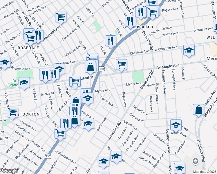 map of restaurants, bars, coffee shops, grocery stores, and more near 4625 Harding Road in Pennsauken Township