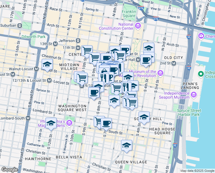 map of restaurants, bars, coffee shops, grocery stores, and more near 210 West Washington Square in Philadelphia