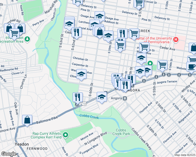 map of restaurants, bars, coffee shops, grocery stores, and more near 5935 Ellsworth Street in Philadelphia