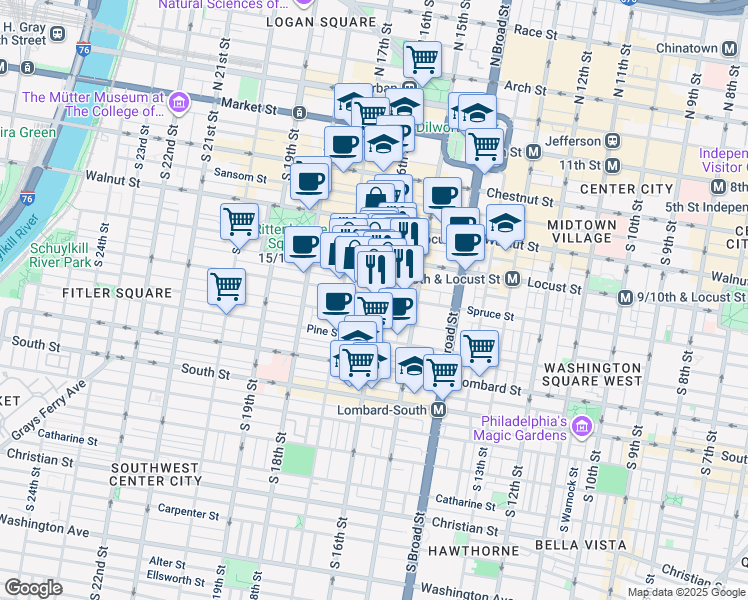 map of restaurants, bars, coffee shops, grocery stores, and more near 1602 Spruce Street in Philadelphia
