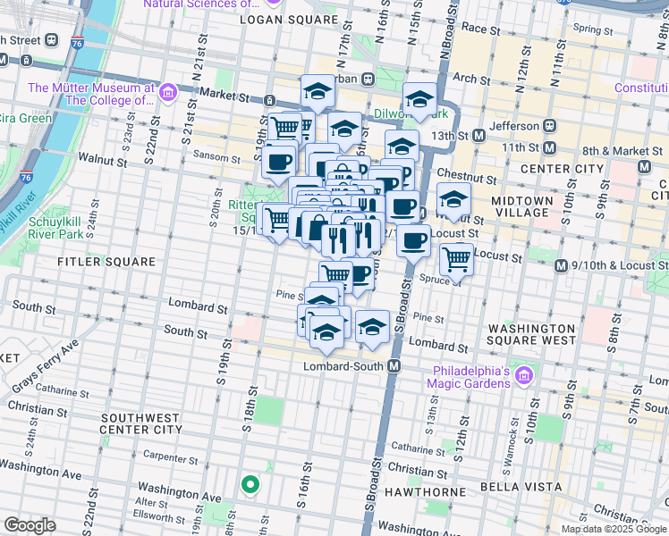 map of restaurants, bars, coffee shops, grocery stores, and more near 1604 Spruce St in Philadelphia