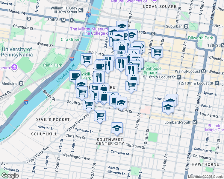 map of restaurants, bars, coffee shops, grocery stores, and more near 2100 Delancey Place in Philadelphia