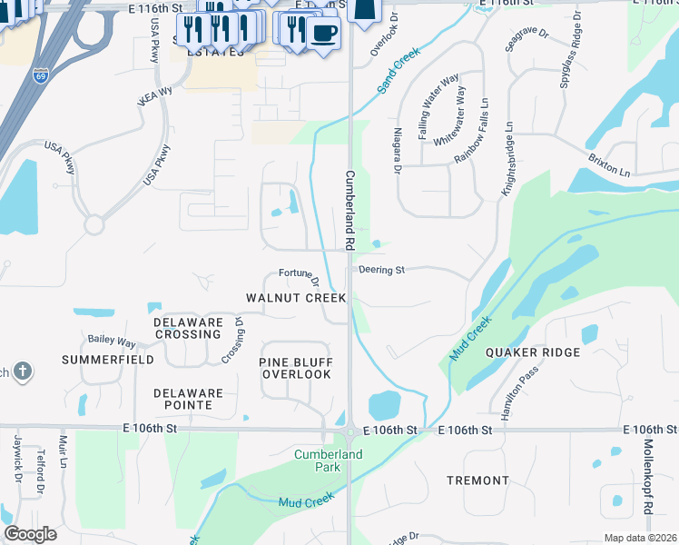 map of restaurants, bars, coffee shops, grocery stores, and more near 9785 Valley Springs Boulevard in Fishers