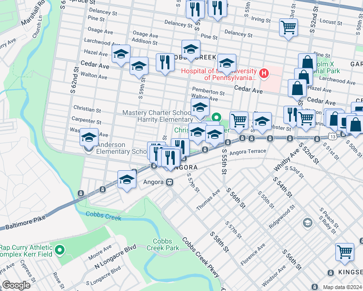 map of restaurants, bars, coffee shops, grocery stores, and more near 851 South 57th Street in Philadelphia