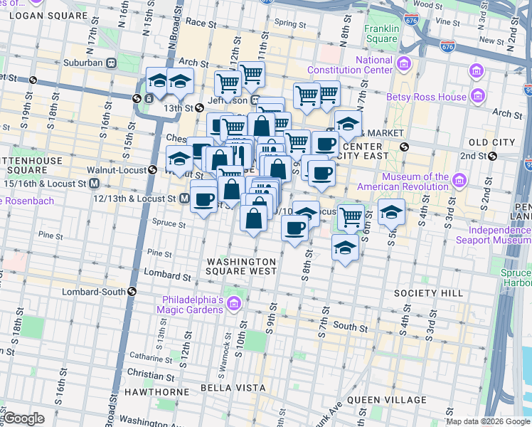 map of restaurants, bars, coffee shops, grocery stores, and more near 932 Locust Street in Philadelphia