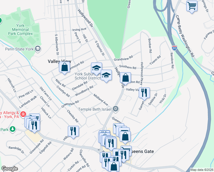 map of restaurants, bars, coffee shops, grocery stores, and more near 1800 Hollywood Drive in York