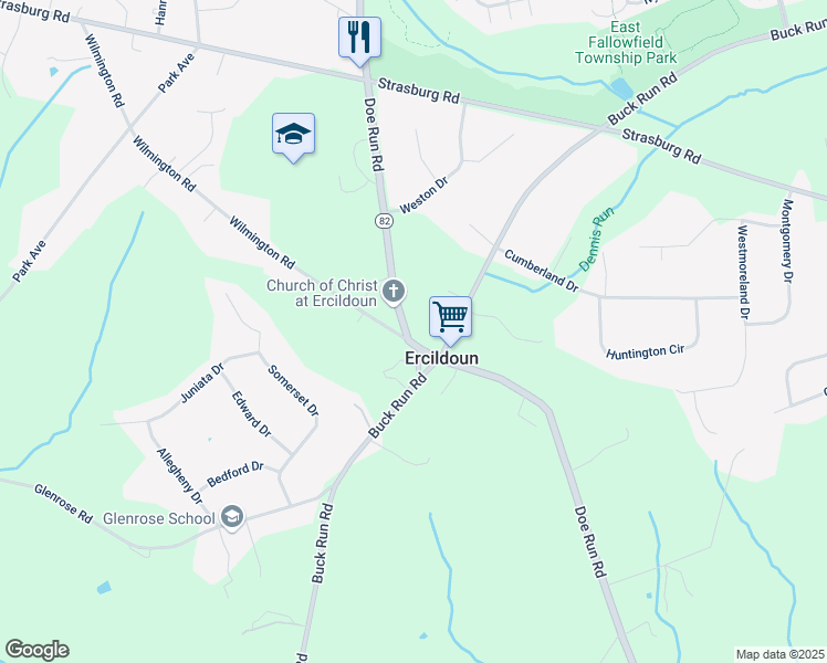 map of restaurants, bars, coffee shops, grocery stores, and more near 765 Doe Run Road in Chester County