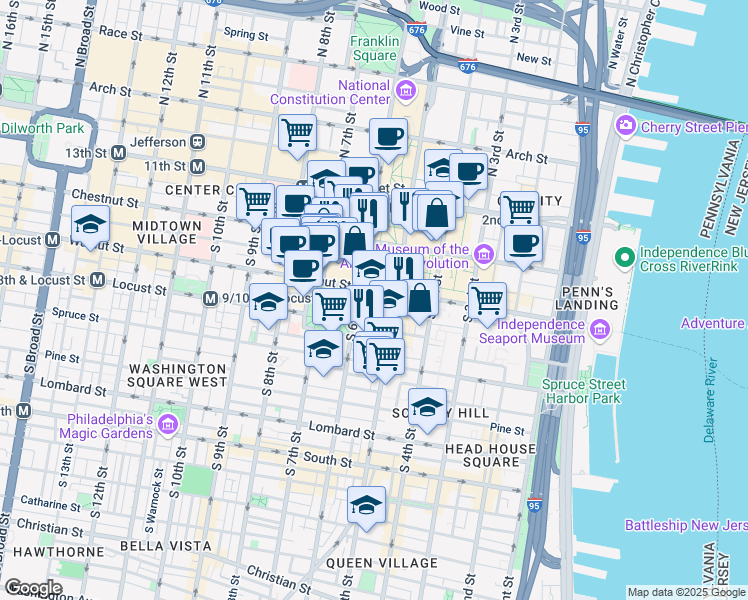 map of restaurants, bars, coffee shops, grocery stores, and more near 501-549 Walnut Street in Philadelphia