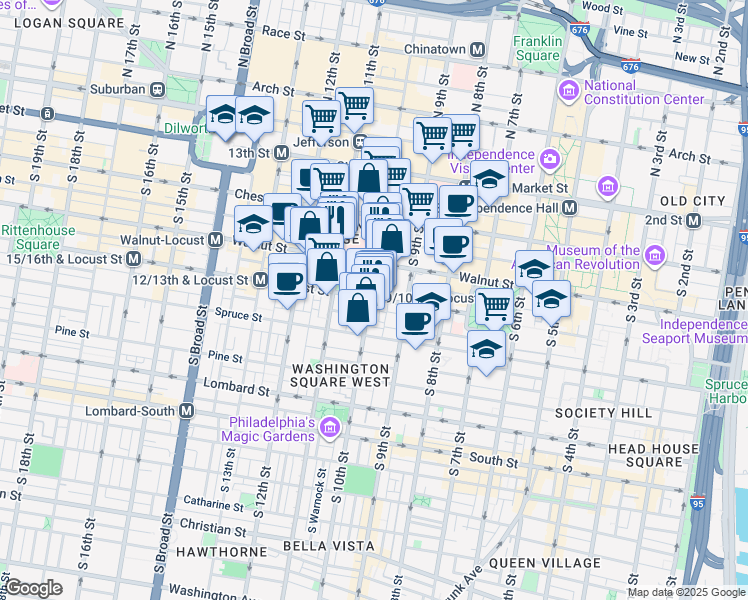 map of restaurants, bars, coffee shops, grocery stores, and more near 1000-28 Walnut Street in Philadelphia