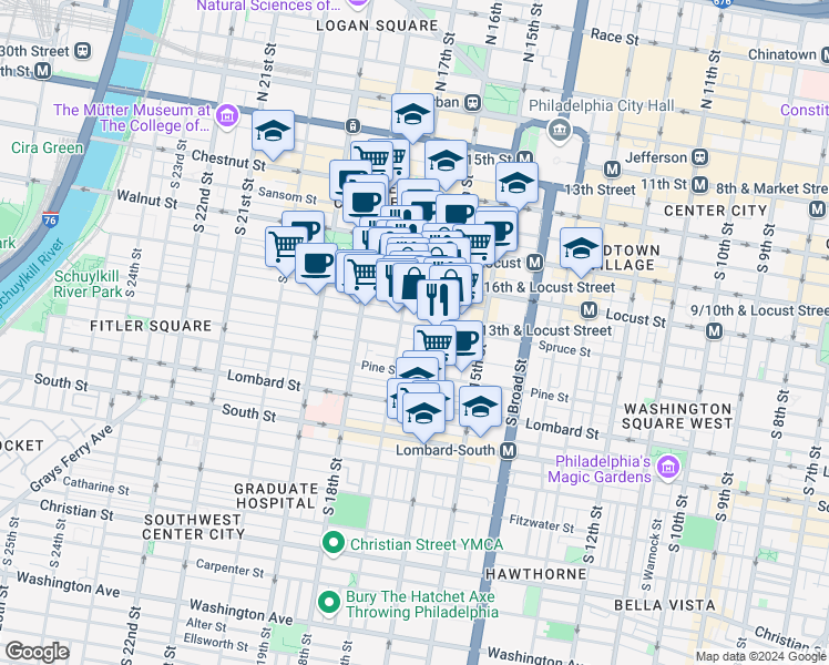 map of restaurants, bars, coffee shops, grocery stores, and more near 1624 Spruce Street in Philadelphia