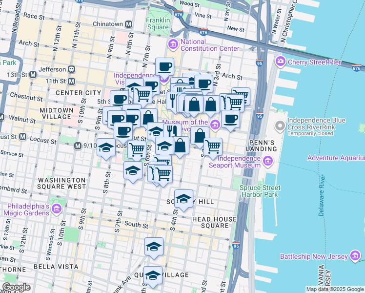 map of restaurants, bars, coffee shops, grocery stores, and more near 400 Walnut Street in Philadelphia