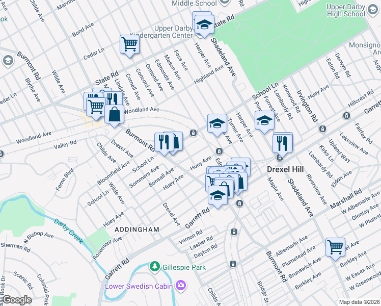map of restaurants, bars, coffee shops, grocery stores, and more near 519 Ferne Boulevard in Upper Darby