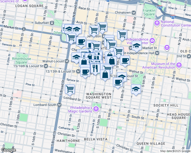 map of restaurants, bars, coffee shops, grocery stores, and more near 244 South 11th Street in Philadelphia