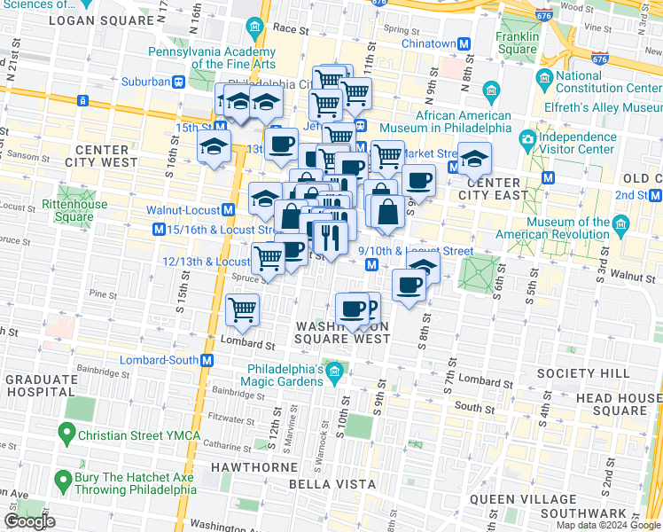 map of restaurants, bars, coffee shops, grocery stores, and more near 244 South 11th Street in Philadelphia