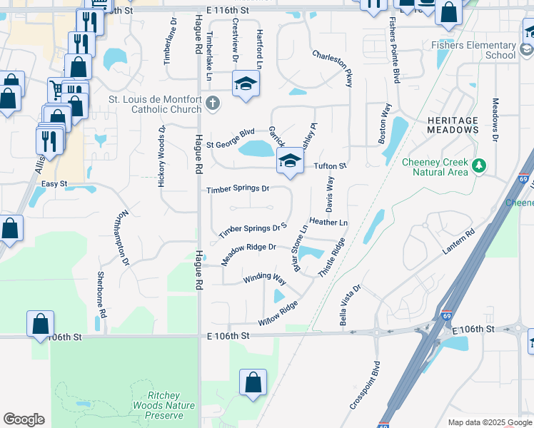 map of restaurants, bars, coffee shops, grocery stores, and more near 7614 Forest Drive in Fishers