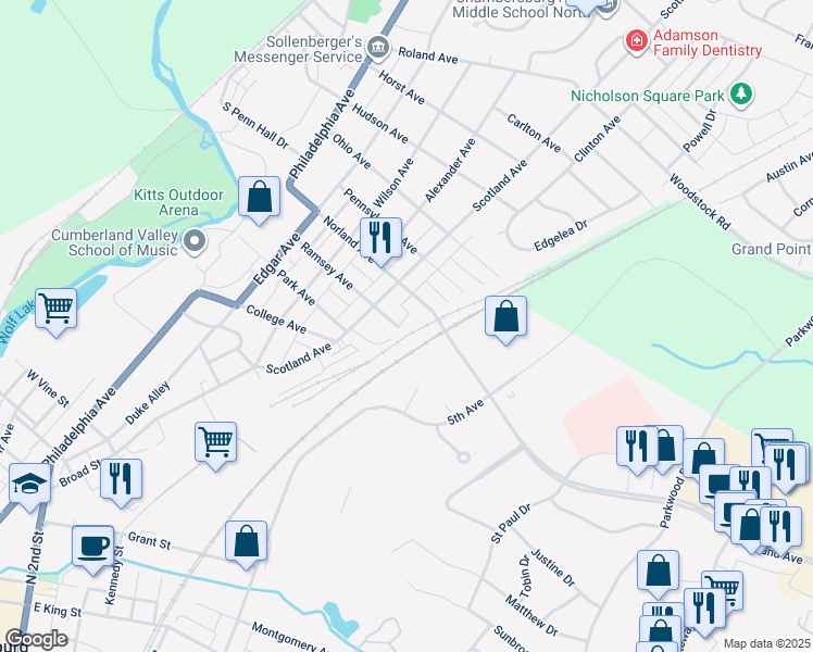 map of restaurants, bars, coffee shops, grocery stores, and more near 439 Ramsey Avenue in Chambersburg