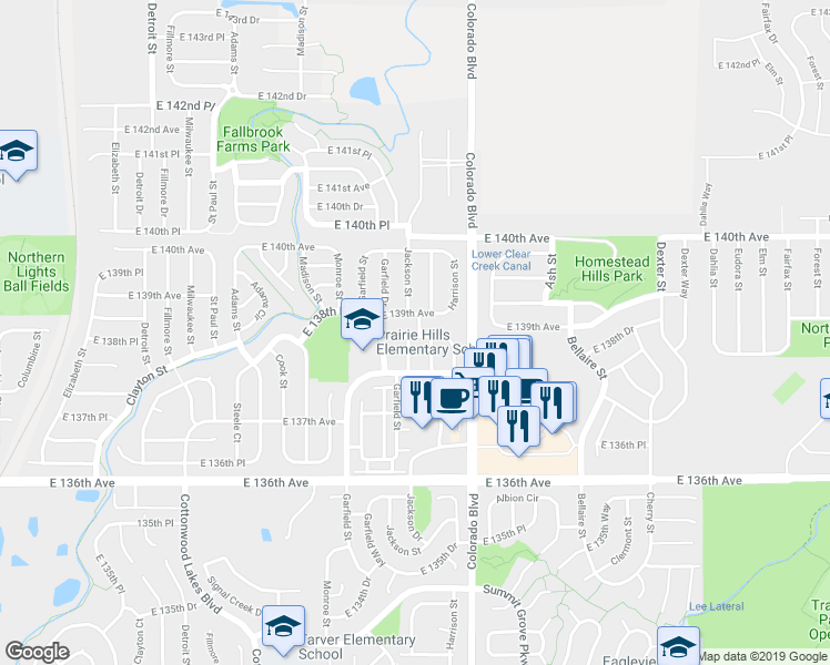 map of restaurants, bars, coffee shops, grocery stores, and more near 13905 Jackson Street in Thornton