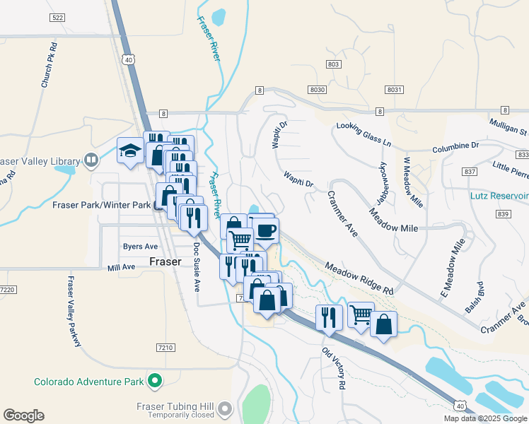 map of restaurants, bars, coffee shops, grocery stores, and more near 64 County Road in Granby