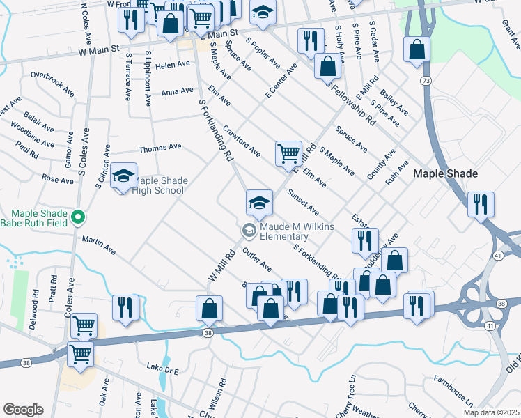 map of restaurants, bars, coffee shops, grocery stores, and more near 31 East Mill Road in Maple Shade