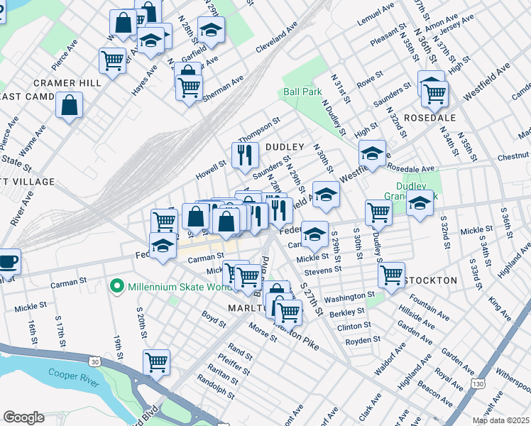 map of restaurants, bars, coffee shops, grocery stores, and more near 2719 Cramer Street in Camden
