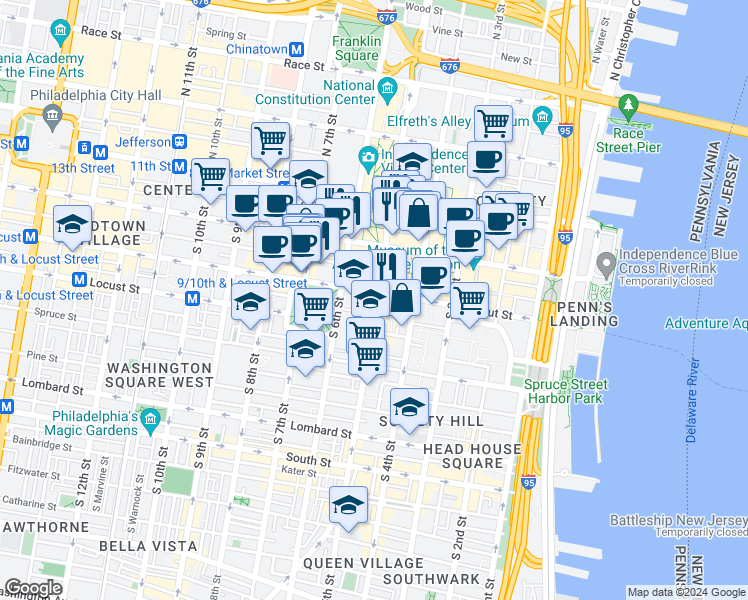 map of restaurants, bars, coffee shops, grocery stores, and more near 501-549 Walnut Street in Philadelphia