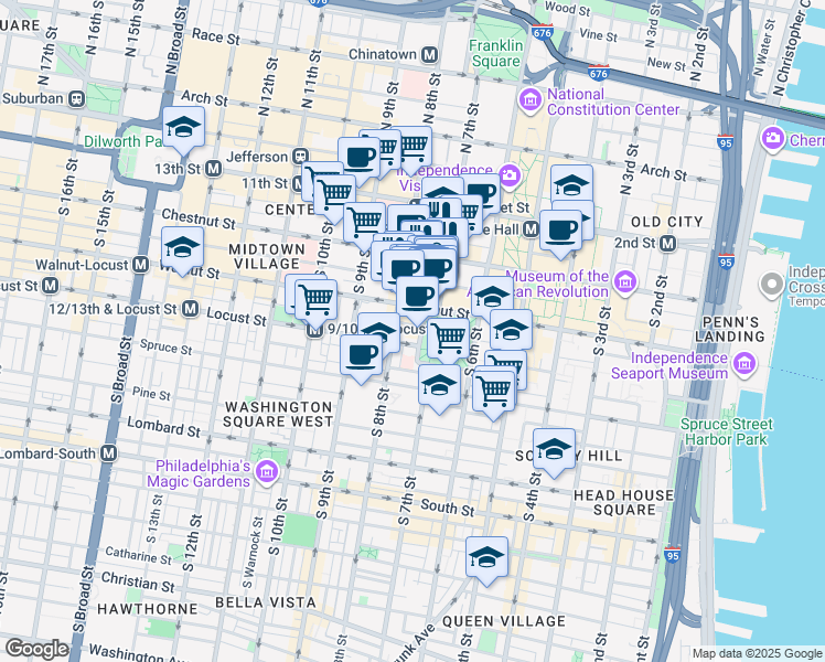 map of restaurants, bars, coffee shops, grocery stores, and more near 709 Walnut Street in Philadelphia