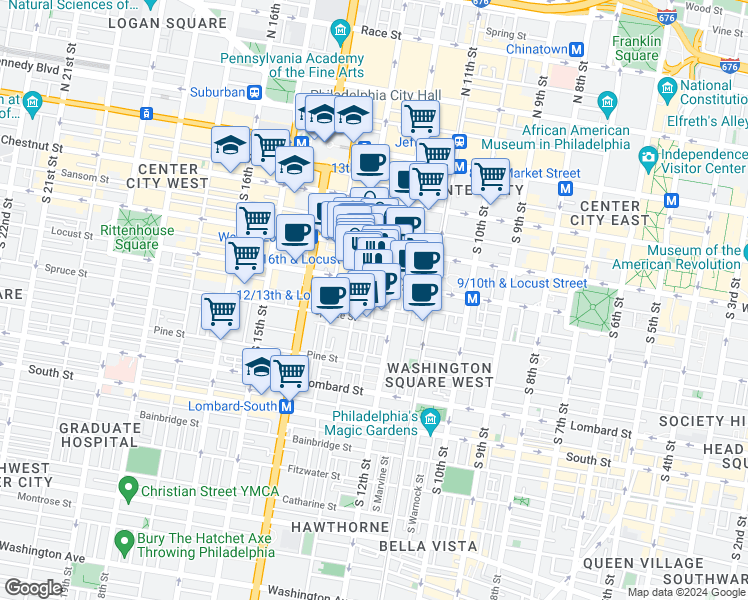 map of restaurants, bars, coffee shops, grocery stores, and more near 1301 Locust Street in Philadelphia