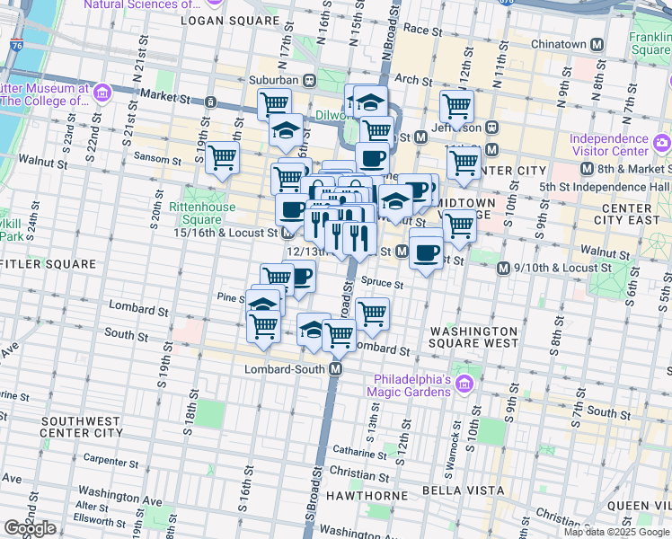 map of restaurants, bars, coffee shops, grocery stores, and more near 240 South Broad Street in Philadelphia