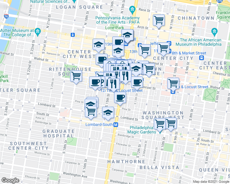 map of restaurants, bars, coffee shops, grocery stores, and more near 240 South Broad Street in Philadelphia