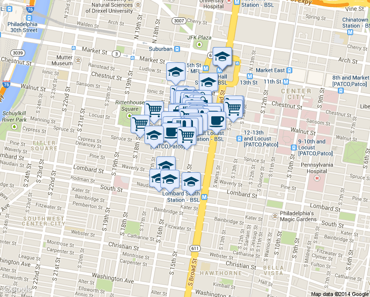 map of restaurants, bars, coffee shops, grocery stores, and more near 1500 Locust Street in Philadelphia