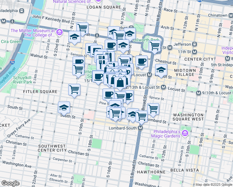 map of restaurants, bars, coffee shops, grocery stores, and more near 263 South 17th Street in Philadelphia