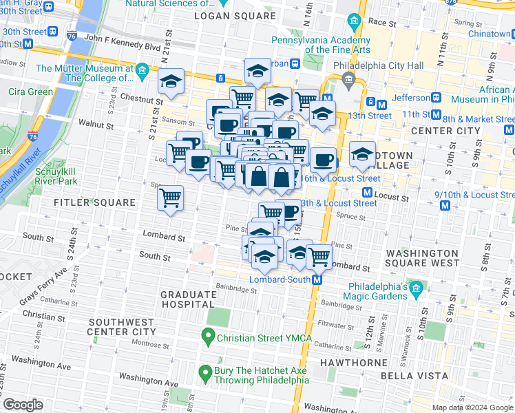 map of restaurants, bars, coffee shops, grocery stores, and more near 263 South 17th Street in Philadelphia