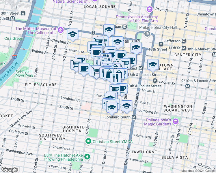 map of restaurants, bars, coffee shops, grocery stores, and more near 263 South 17th Street in Philadelphia