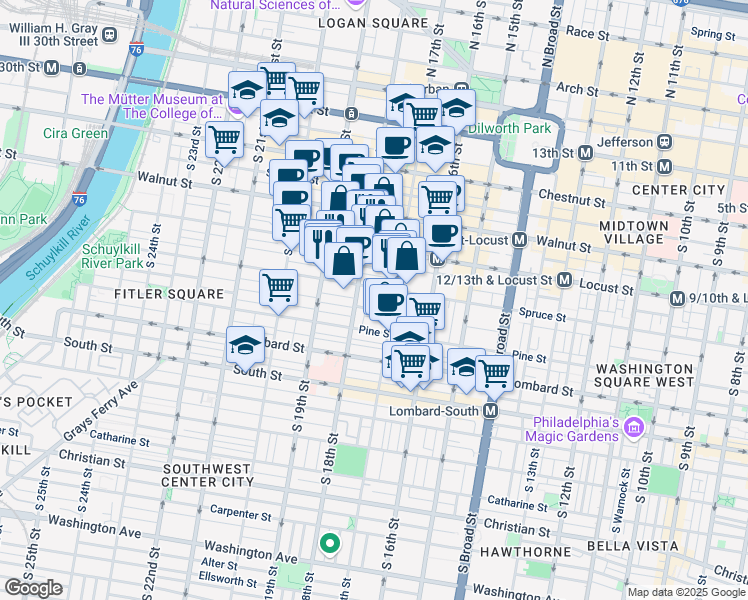 map of restaurants, bars, coffee shops, grocery stores, and more near 237 South 18th Street in Philadelphia