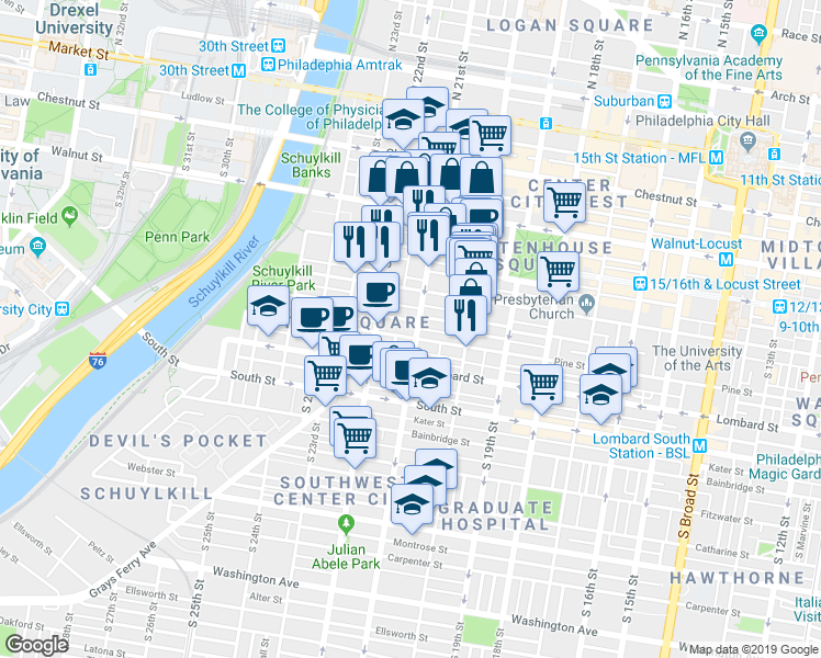 map of restaurants, bars, coffee shops, grocery stores, and more near 2100 Delancey Place in Philadelphia