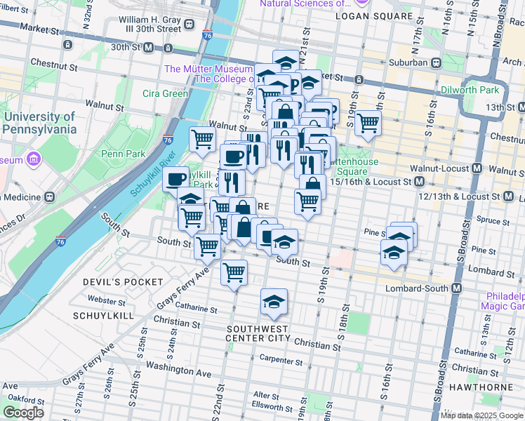 map of restaurants, bars, coffee shops, grocery stores, and more near 2100 Delancey Place in Philadelphia
