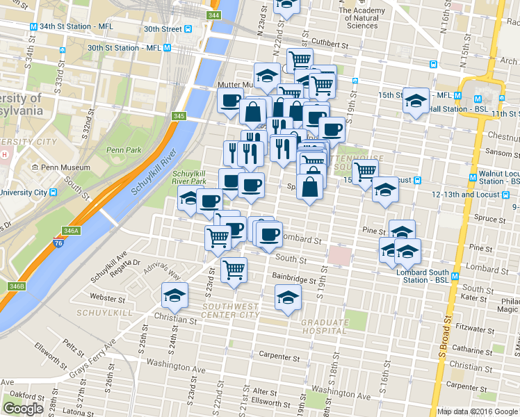 map of restaurants, bars, coffee shops, grocery stores, and more near 2100 Delancey Place in Philadelphia
