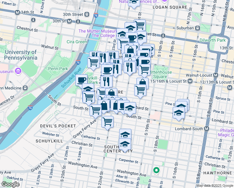 map of restaurants, bars, coffee shops, grocery stores, and more near in Philadelphia