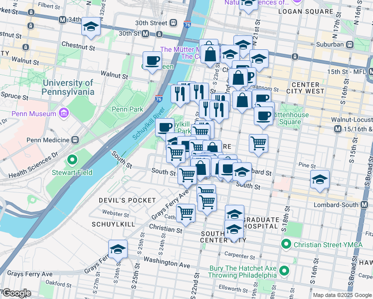 map of restaurants, bars, coffee shops, grocery stores, and more near 2501 Panama Street in Philadelphia