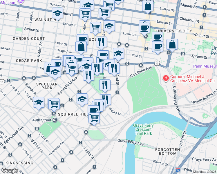 map of restaurants, bars, coffee shops, grocery stores, and more near 4228 Chester Avenue in Philadelphia